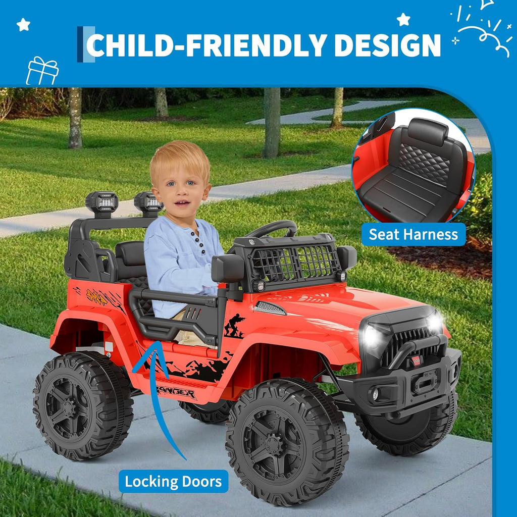 12V Electric Ride On Car with Remote Control, Off Road Ride On Vehicle with Bluetooth, LED Lights, Spring Suspension, Adjustable Seat Belt, All Terrain Tires, 61 lbs Capacity