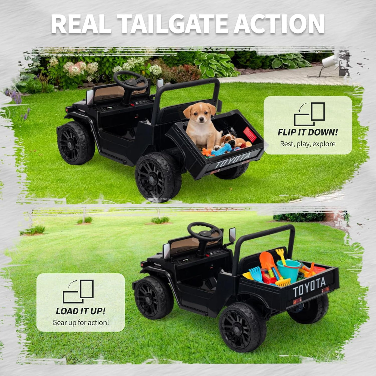 12V Licensed Toyota Ride-On Pickup Truck, Electric Ride-On Car with Remote Control, Lift-Up Dump Bed, Suspension, Bluetooth, Music, 3.73 MPH