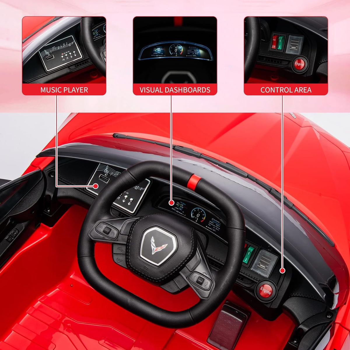 12V Licensed Corvette C8 Ride-On Electric Sports Car, Dual 30W Motors, Remote Control, LED Lights, Music, Openable Doors, 66 lbs