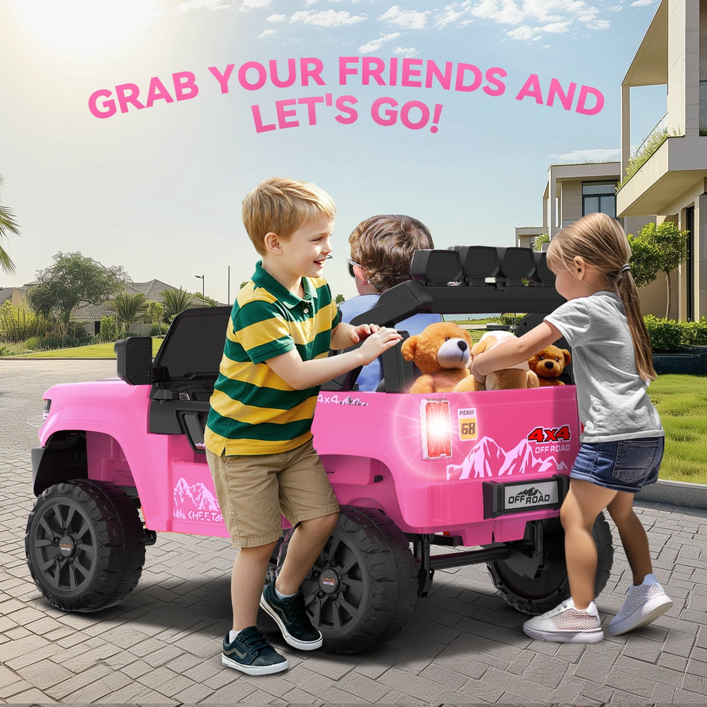 Farmdex 24V Ride on Toys with Remote Control, 2 XL Seater Electric Truck Car for Kids w/ 22'' Large Seat, 4WD/2WD Switchable, Powered Ride on Cars w/ Bluetooth, LED Lights, 3 Speeds, 4 x 200W, Pink