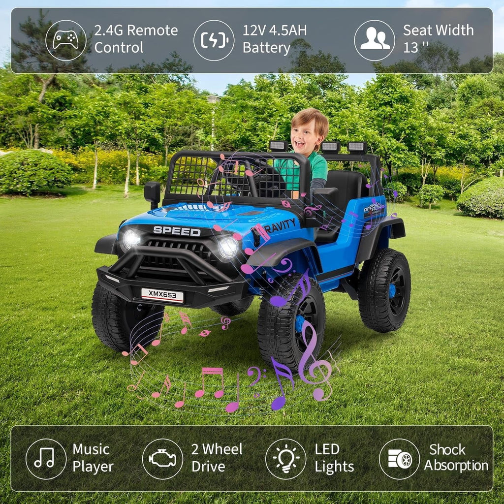 12V Ride-On Electric Car with Remote Control, Extra-Wide 13" Seat, 3 Speeds, 1.6-4.1 MPH, LED Lights, Music, USB, Safety Belt