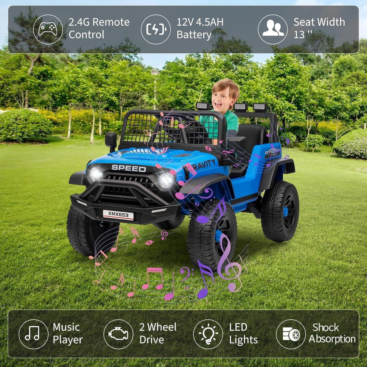 12V Ride-On Electric Car with Remote Control, Extra-Wide 13" Seat, 3 Speeds, 1.6-4.1 MPH, LED Lights, Music, USB, Safety Belt