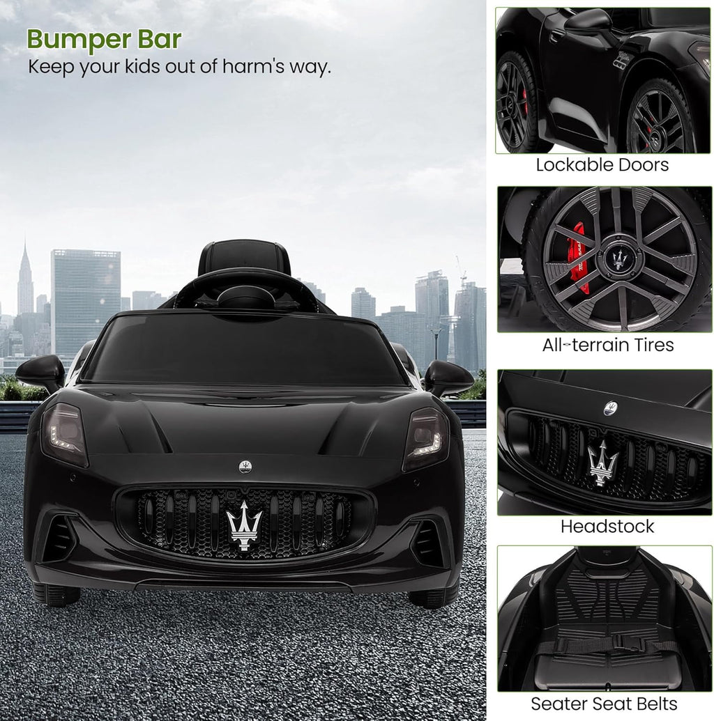 12V Licensed Maserati Ride-On Electric Car, Remote Control, 4.5Ah Battery, LED Lights, Spring Suspension, Double Doors, USB, FM Radio, 2-3 MPH