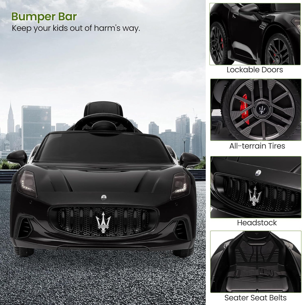 12V Licensed Maserati Ride-On Electric Car, Remote Control, 4.5Ah Battery, LED Lights, Spring Suspension, Double Doors, USB, FM Radio, 2-3 MPH