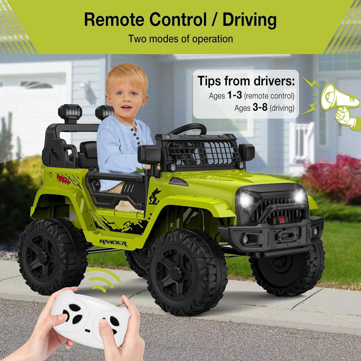 12V Electric Ride On Car with Remote Control, Off Road Ride On Vehicle with Bluetooth, LED Lights, Spring Suspension, Adjustable Seat Belt, All Terrain Tires, 61 lbs Capacity