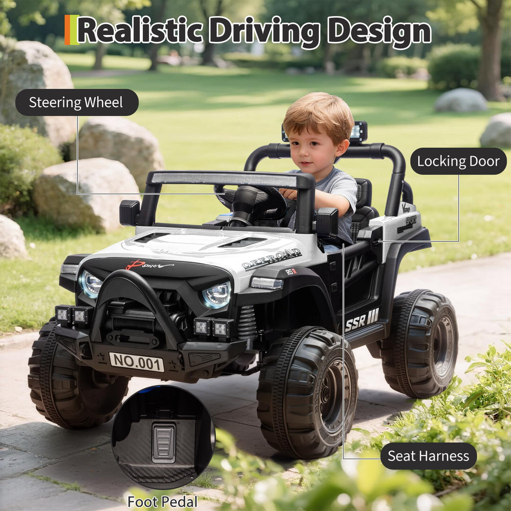 12V Kids Electric Ride-On Car – Parent Remote Control, 3 Speeds, Safety Locking Doors, 3-Point Harness, Spring Suspension, wireless Music, LED Lights, Anti-Slip Tires, Foot Brake, Battery Powered Toy