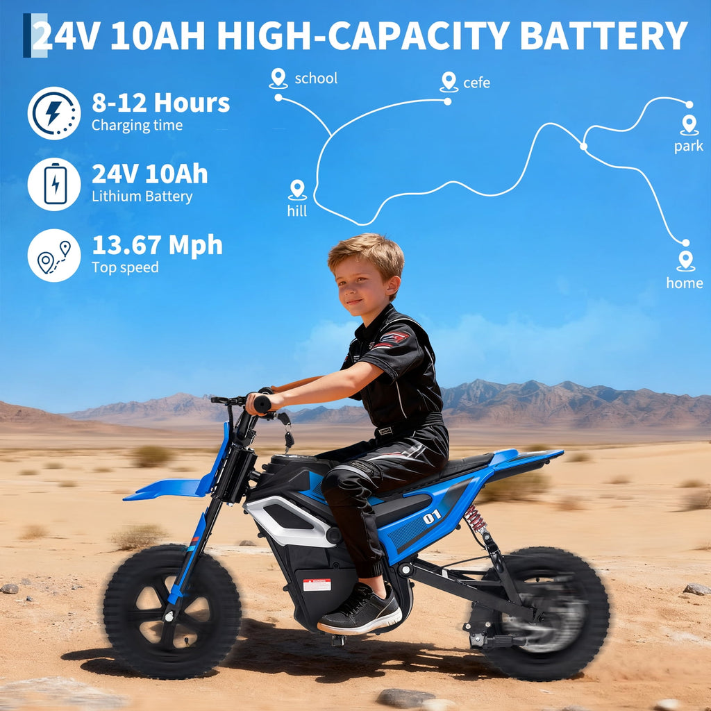 24V Kids Electric Dirt Bike, 350W Battery Powered Motorcycle with 12 Inch Fat Tires Rear Suspension Twist Throttle for Teens