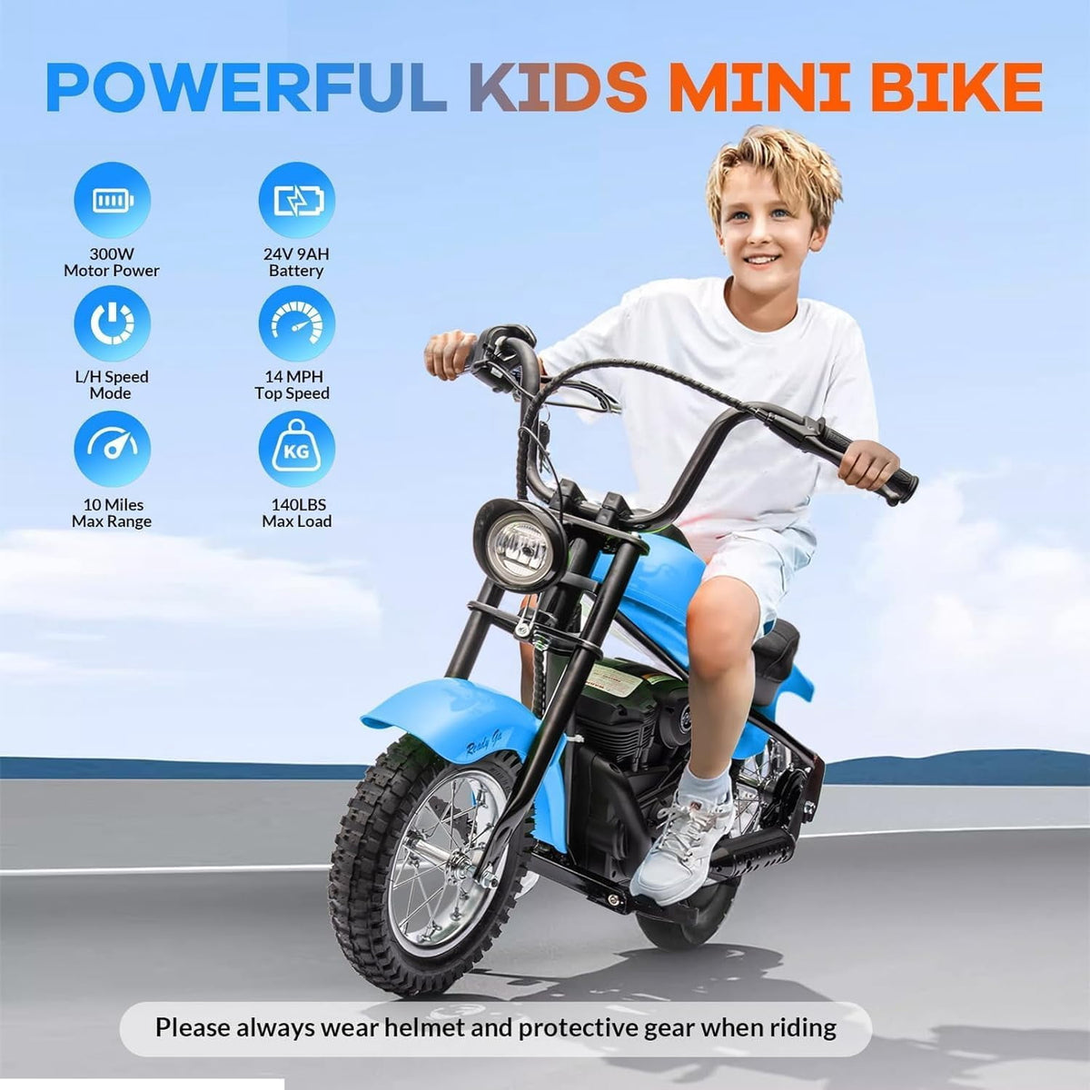 24V Electric Dirt Bike, 300W Chain-Driven Motor, Up to 15 MPH, 2-Speed, 10-Mile Range, 12" Air-Filled Rubber Tires, Leather Seat, Hand Brake, LED Lights, 150 Lbs