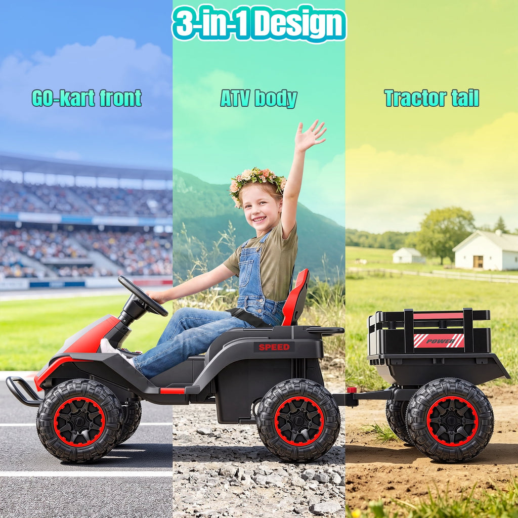 VIBESPARK 24V Ride on Toys with Remote Control, 3 in 1 Ride on Car, Ride on ATV for Kids with Trailer, 6 Wheel Kids Electric Car w/ Bluetooth, MP3, Music, Black