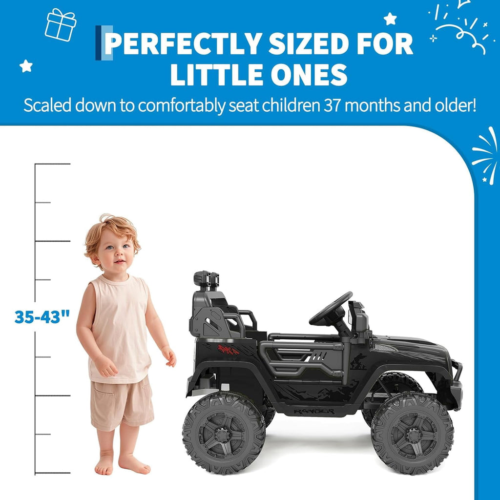 12V Electric Ride On Car with Remote Control, Off Road Ride On Vehicle with Bluetooth, LED Lights, Spring Suspension, Adjustable Seat Belt, All Terrain Tires, 61 lbs Capacity