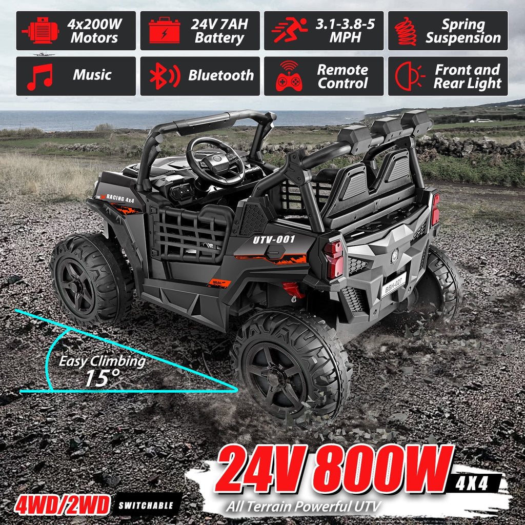 Funcid 24V Ride on Toys 4WD Ride on Cars with Remote Control, 2 XL Seater Electric Car for Kids, Power Car Wheels, UTV w/ 4*200W Motor, Bluetooth, Music, Lights, 3 Speeds, Black
