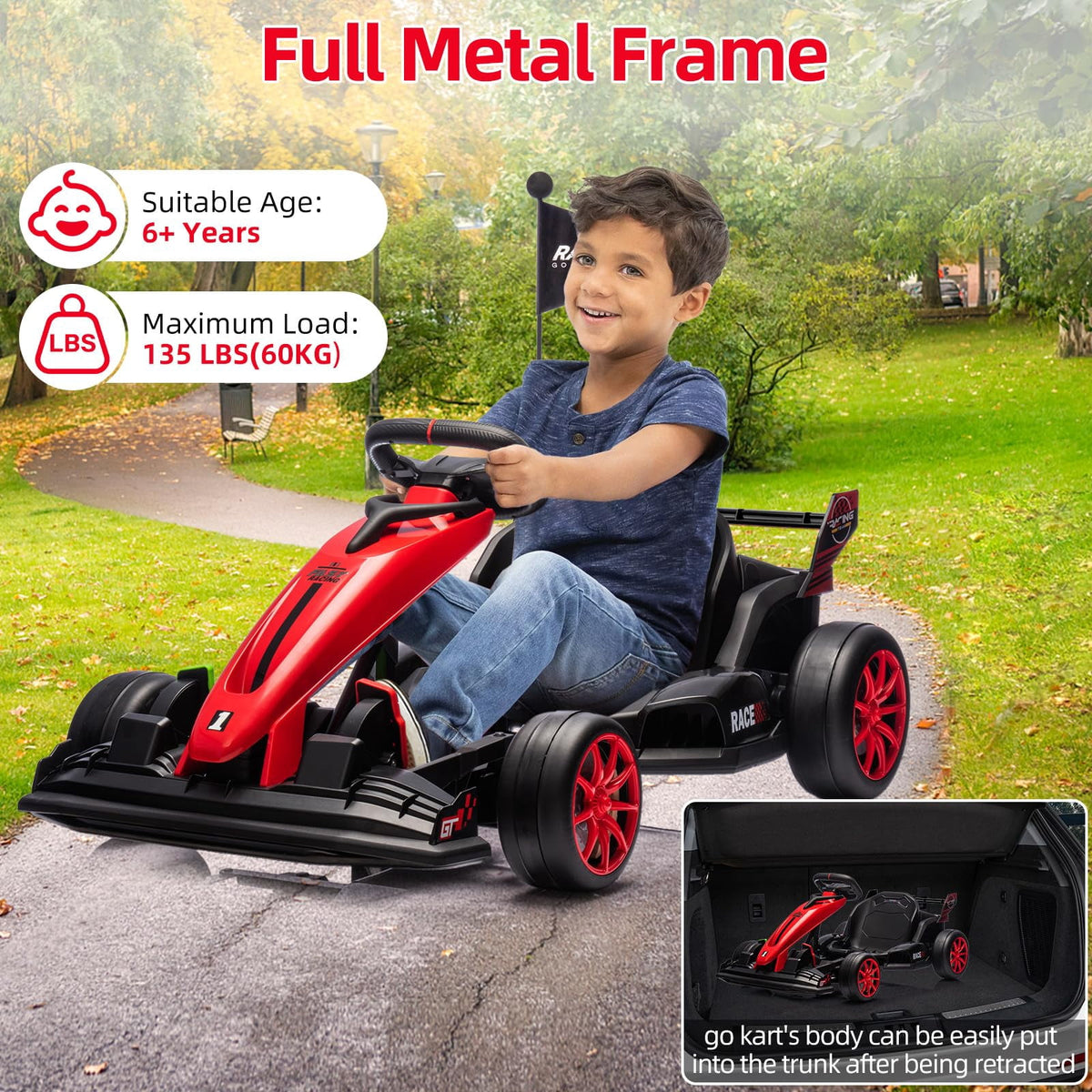 24V Kids Ride-On Go Kart, 7.5MPH High-Speed Drifting Car, Dual 200W Motors, 7Ah Battery, Adjustable Length, Max Load 135lbs, Power Display Racing Toy for Children 6+, Green