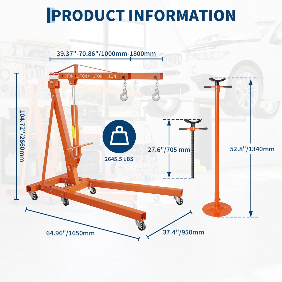 2 Ton Folding Hydraulic Engine Hoist & 3/4 Ton Underhoist Support Stand Set – Heavy Duty Steel Shop Crane, 4-Position Boom, High Reach for Automotive Engine Work, Orange (RAL2004)