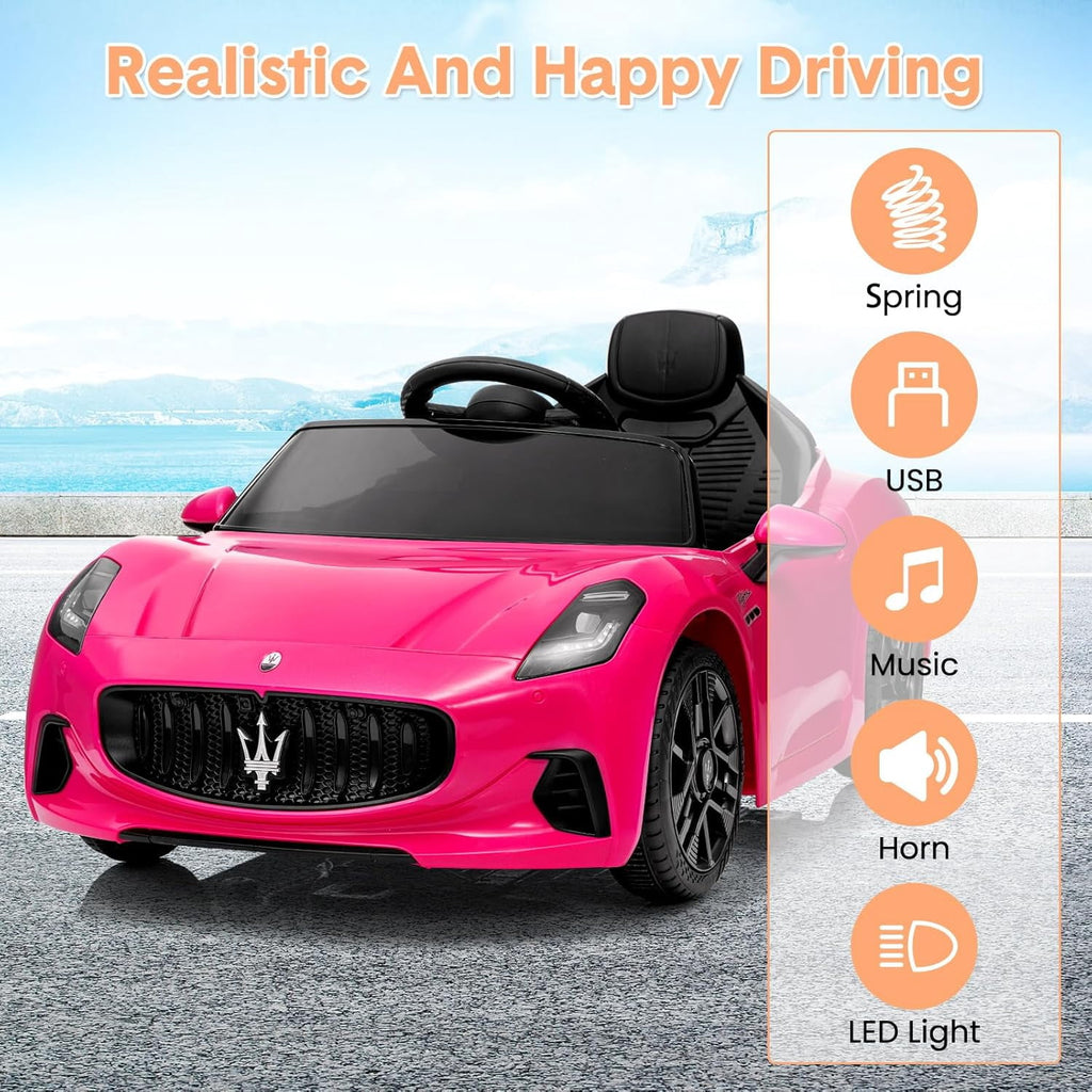 12V Licensed Maserati Ride-On Electric Car, Remote Control, 4.5Ah Battery, LED Lights, Spring Suspension, Double Doors, USB, FM Radio, 2-3 MPH