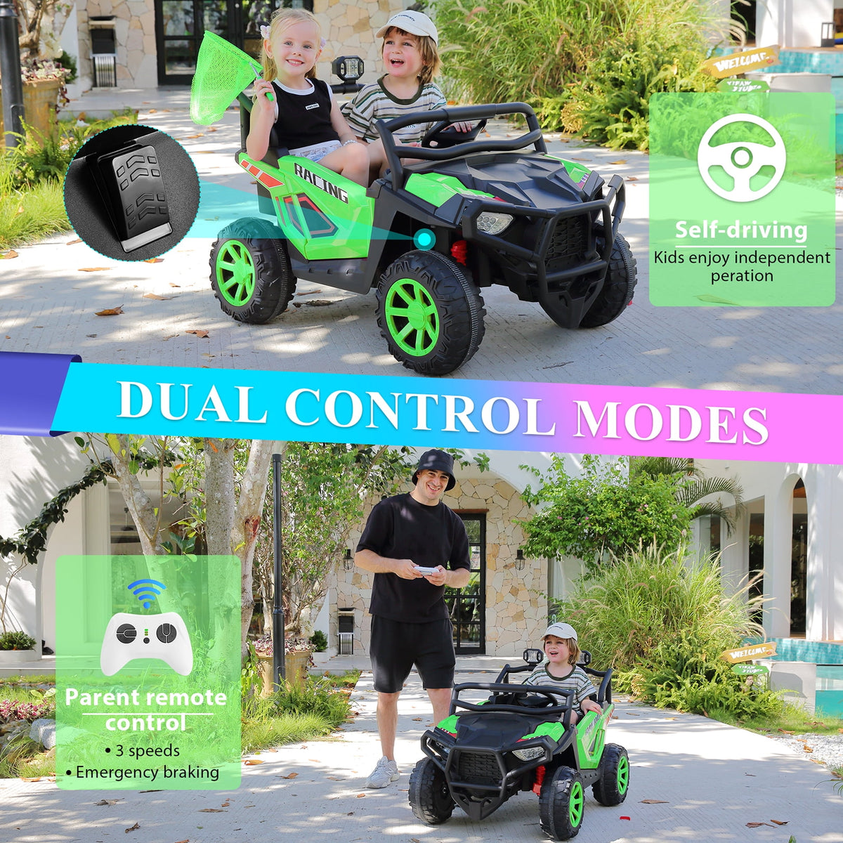 Funcid 24 Volt Ride on Cars, 2-Seater Ride on Toys with Remote Control, 400W Electric Car, Ride on UTV w/ Bluetooth, MP3, Suspension, Seat Belts, Volume Adjustment, Black