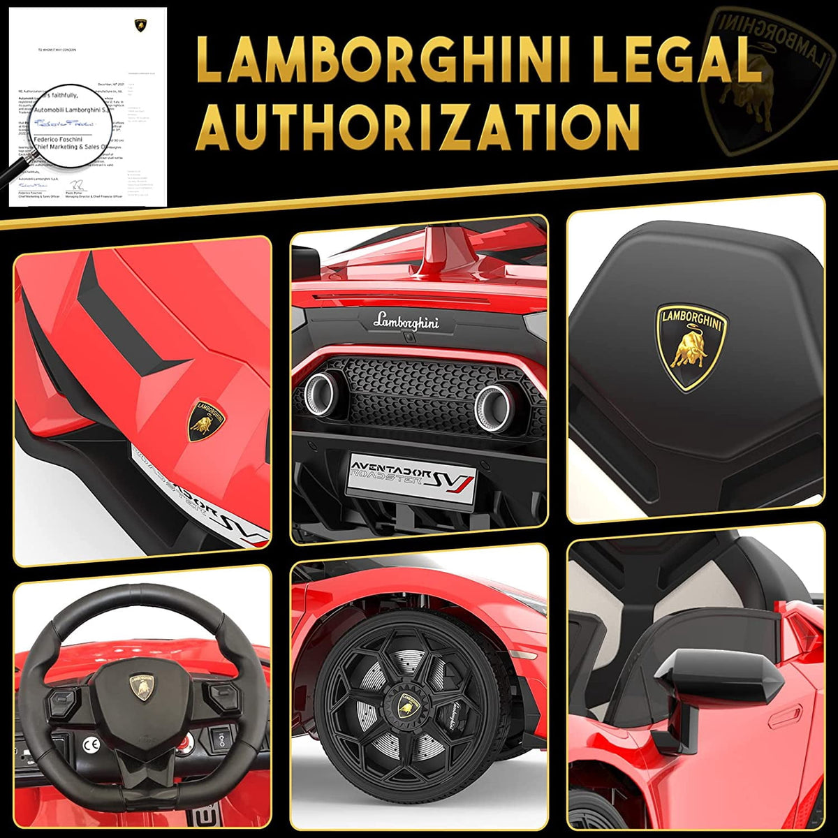 12V Licensed Sports Car Ride On Vehicle with Remote Control, Electric Ride On Car with Bluetooth, Hydraulic Swing Doors, LED Lights, Dual 25W Motors, USB/AUX/TF Audio