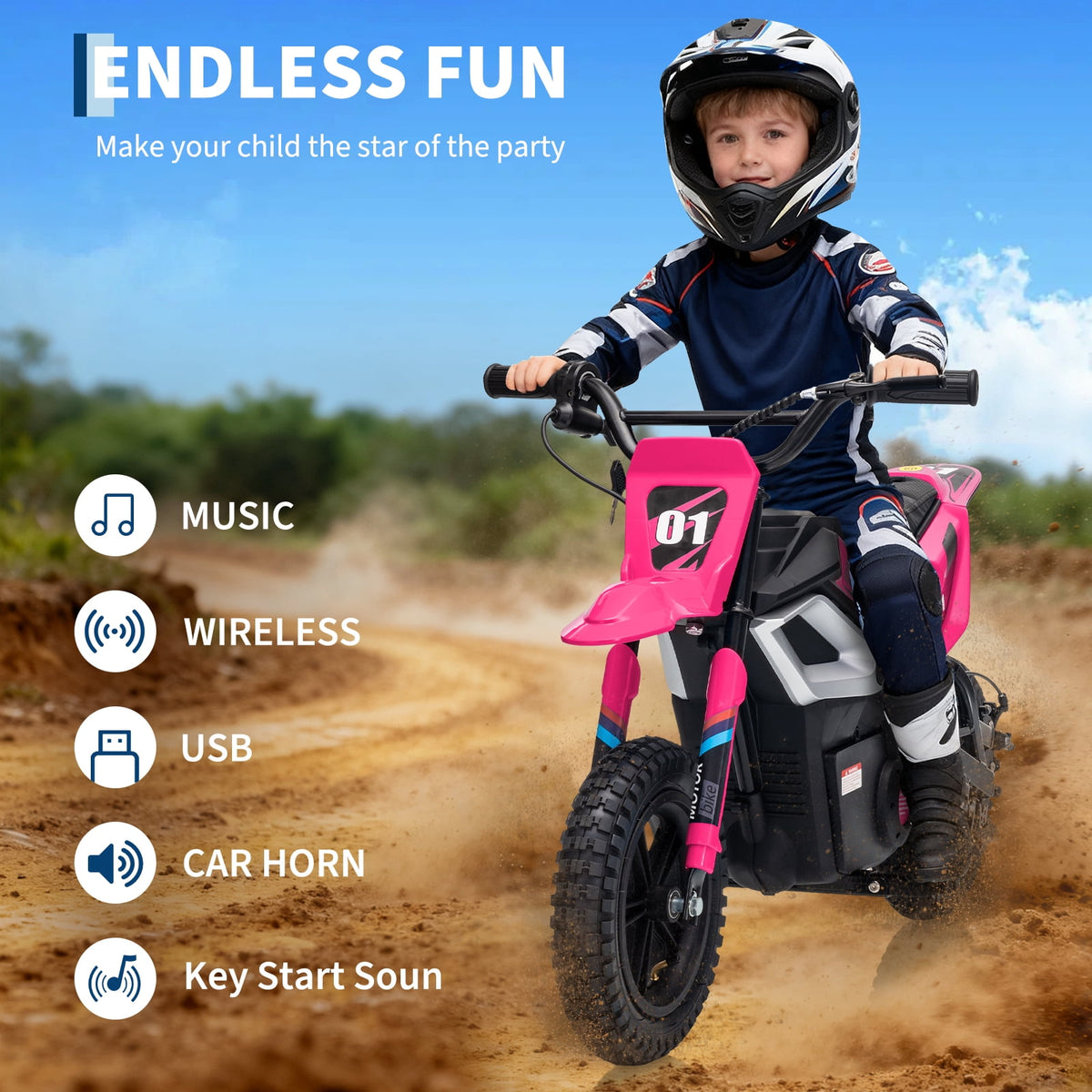 24V 350W Electric Dirt Bike for Kids - 13.7 MPH Max Speed, 12 Mile Range, Rear Suspension, Twist Grip Throttle, Key Start, Hand Brake - Built-in Music & wireless, Ride-On Motorcycle Toy, Red