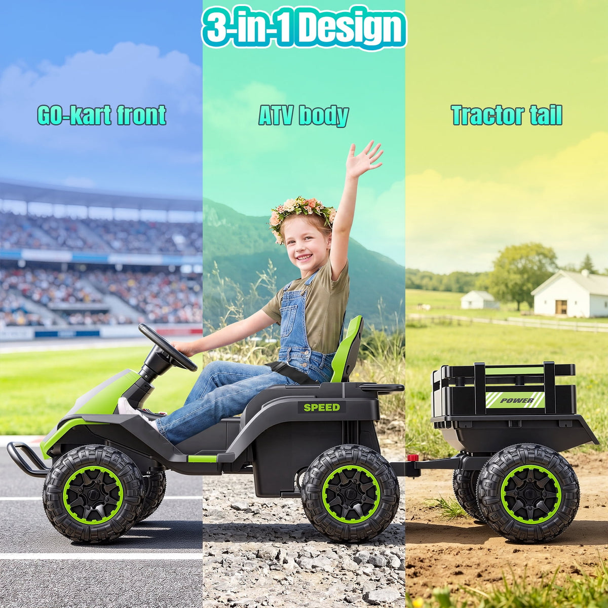 VIBESPARK 24V Ride on Toys with Remote Control, 3 in 1 Ride on Car, Ride on Tractor for Kids with Trailer, 6 Wheel Kids Electric Car w/ Bluetooth, MP3, Music, Green
