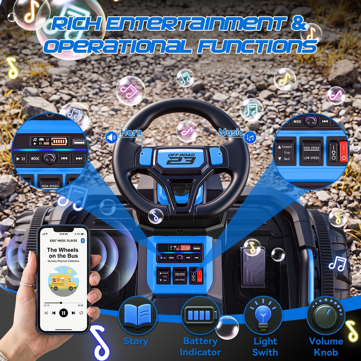 VIBESPARK 36V Ride on Toys for Big Kids Ages 6-12, 600W Ride on Cars up to 5.9 mph, Powerful 4 Wheeler Quad, Ride on ATV W/ Adjustable Seat, Ball-bearing Design, Power Display, Light Control, Blue