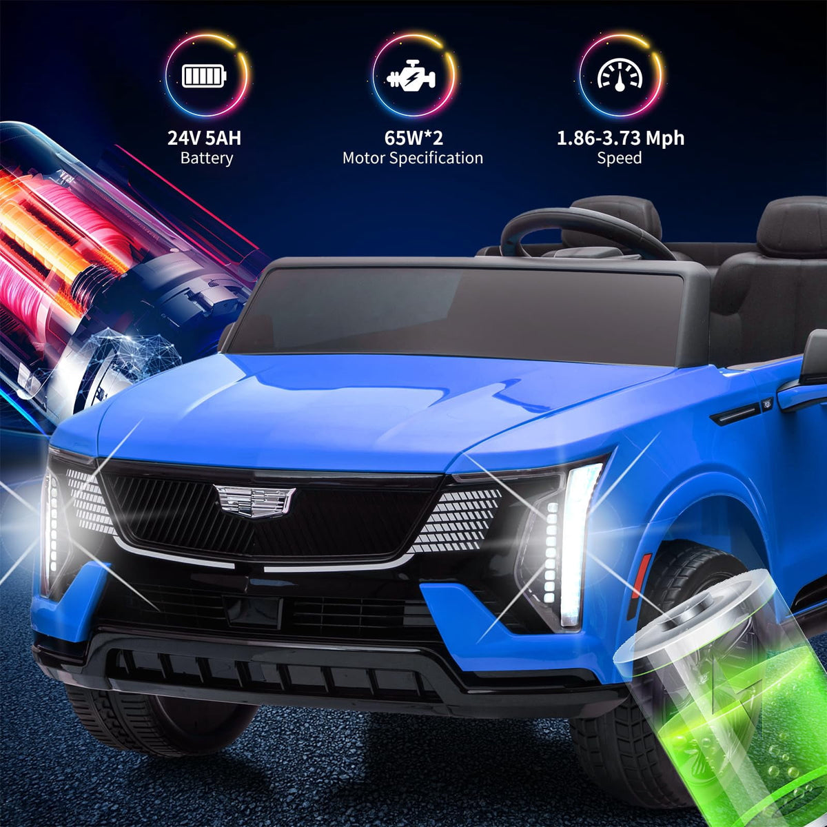 2 Seater Ride on Car for Kids 24V Licensed Cadillac Electric Car Toy Toddlers Battery Powered Ride on Truck with 2.4G Remote Control, Full-Wheel Suspension, Music, LED Lights, Blue