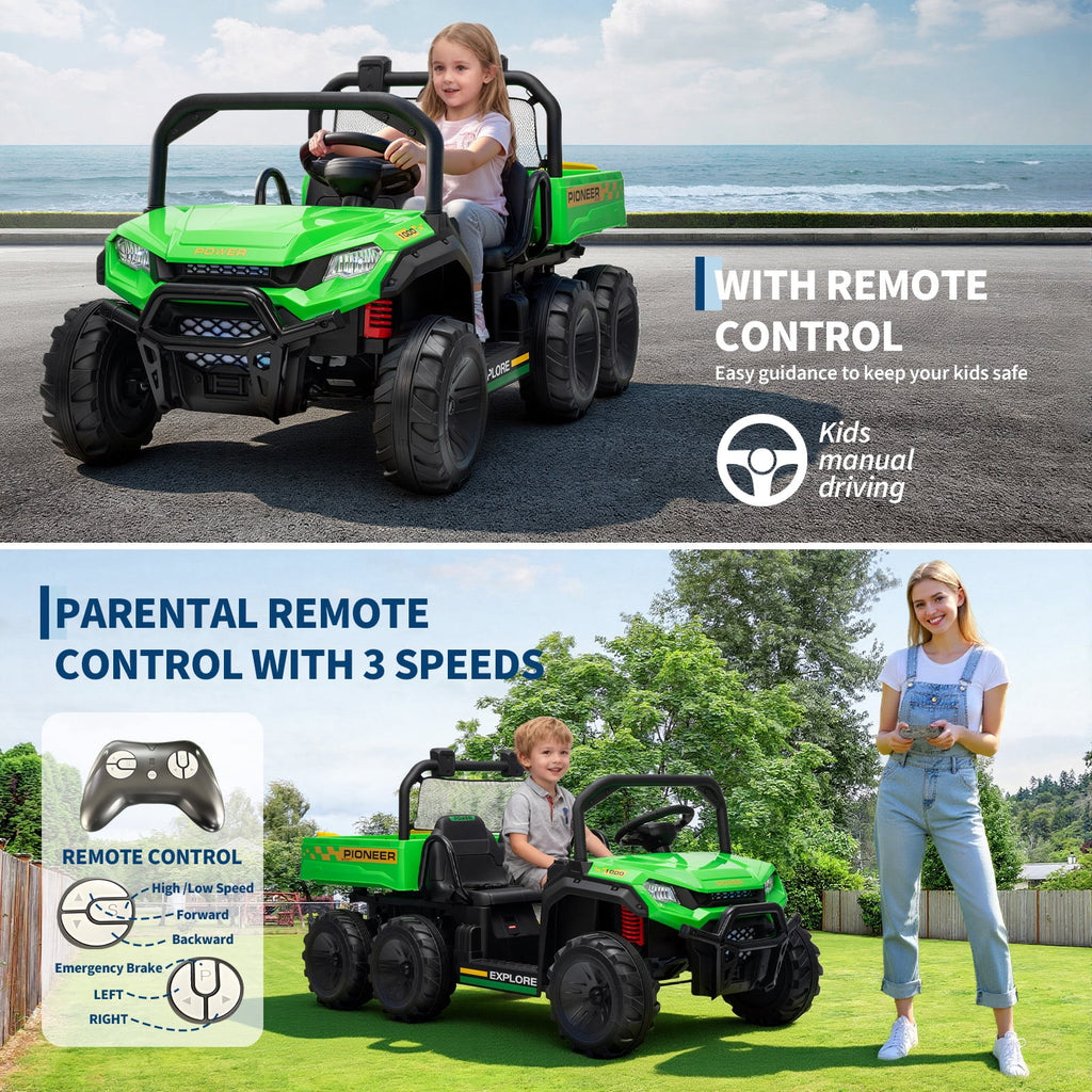 24V 4WD 2-Seater Kids Electric Ride-On Dump Truck – Remote Control, Working Dump Bed, 3 Speed Modes, Music Player, All-Terrain Off-Road Vehicle Toy for Boys & Girls Ages 3-8, Green