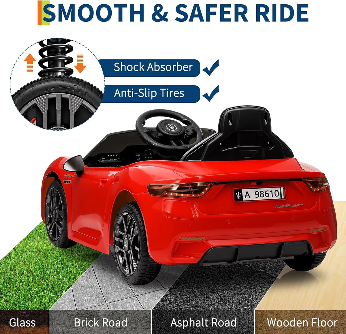 12V Licensed Maserati Ride-On Electric Car, Remote Control, 4.5Ah Battery, LED Lights, Spring Suspension, Double Doors, USB, FM Radio, 2-3 MPH