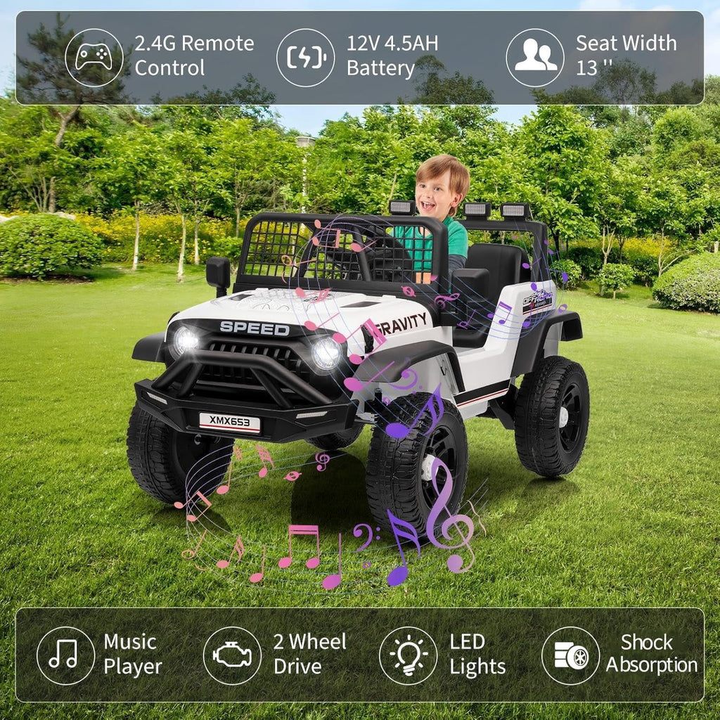 12V Ride-On Electric Car with Remote Control, Extra-Wide 13" Seat, 3 Speeds, 1.6-4.1 MPH, LED Lights, Music, USB, Safety Belt