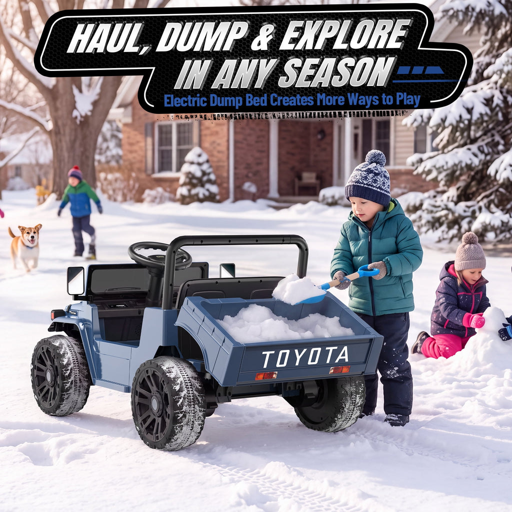 24V Ride On Dump Truck for Kids, Licensed Toyota Land Cruiser FJ45 Power Car Wheels Ride On Toy with Electric Dump Bed, Parent Remote Control, Music, LED Lights, Birthday Gift for Kids Ages 3-6, Blue