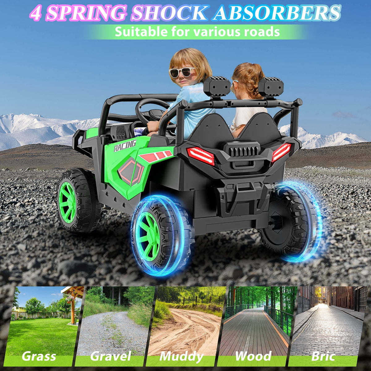 Funcid 24 Volt Ride on Toys, 2-Seater Ride on Cars with Remote Control, 400W Electric Car for Kids, Ride on UTV w/ Bluetooth, MP3, Seat Belts, Volume Adjustment, Suspension, Green