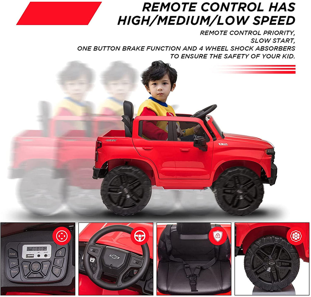 12V Licensed Chevrolet Silverado Ride On Truck, Electric Ride On Car with Remote Control, Bluetooth, MP3, LED Lights, Spring Suspension, Storage Bin, Realistic Truck Toy