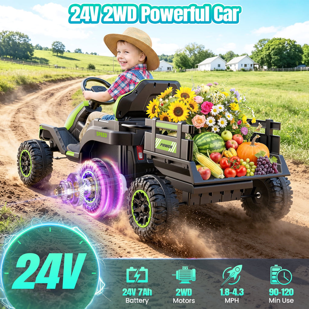 VIBESPARK 24V Ride on Toys with Remote Control, 3 in 1 Ride on Car, Ride on ATV for Kids with Trailer, 6 Wheel Kids Electric Car w/ Bluetooth, MP3, Music, Black