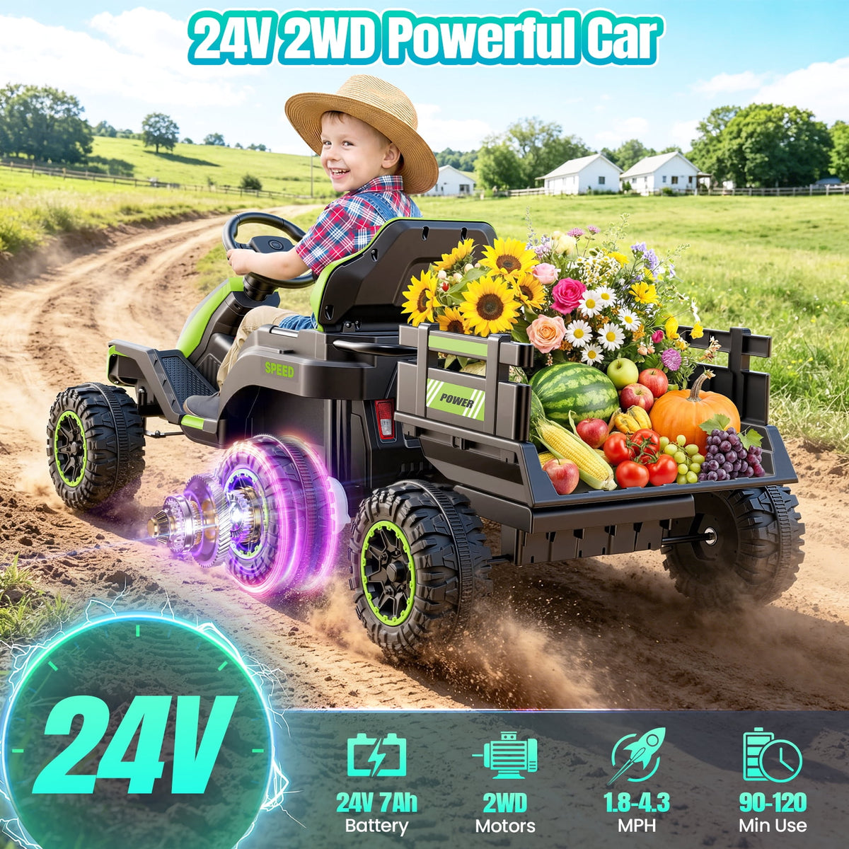 VIBESPARK 24V Ride on Toys with Remote Control, 3 in 1 Ride on Car, Ride on Tractor for Kids with Trailer, 6 Wheel Kids Electric Car w/ Bluetooth, MP3, Music, Green