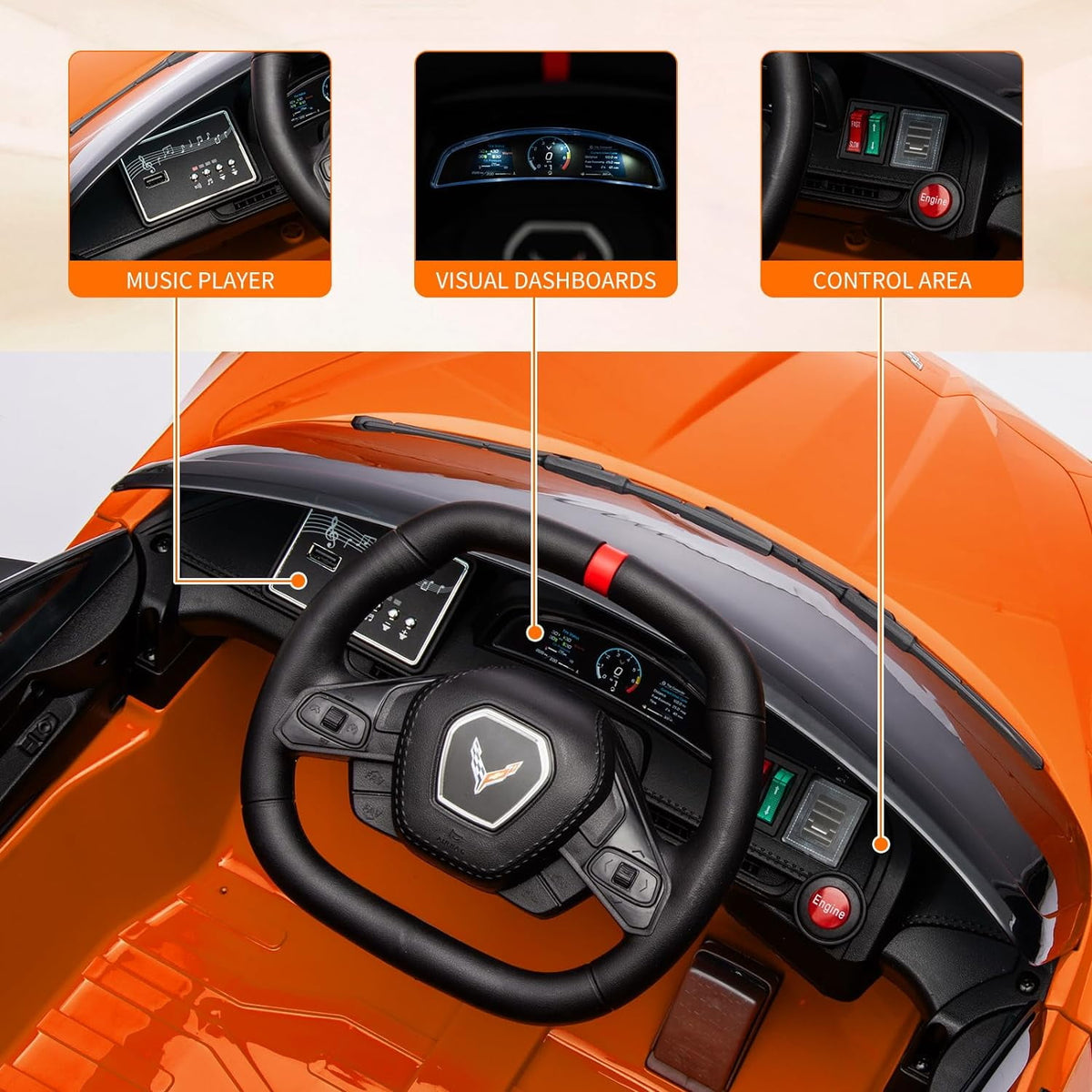 12V Licensed Corvette C8 Ride-On Electric Sports Car, Dual 30W Motors, Remote Control, LED Lights, Music, Openable Doors, 66 lbs