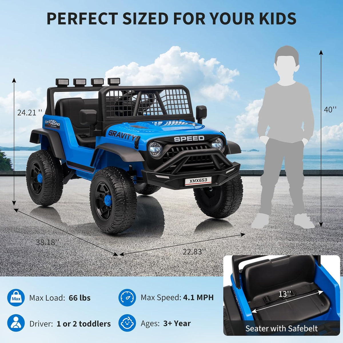 12V Ride-On Electric Car with Remote Control, Extra-Wide 13" Seat, 3 Speeds, 1.6-4.1 MPH, LED Lights, Music, USB, Safety Belt