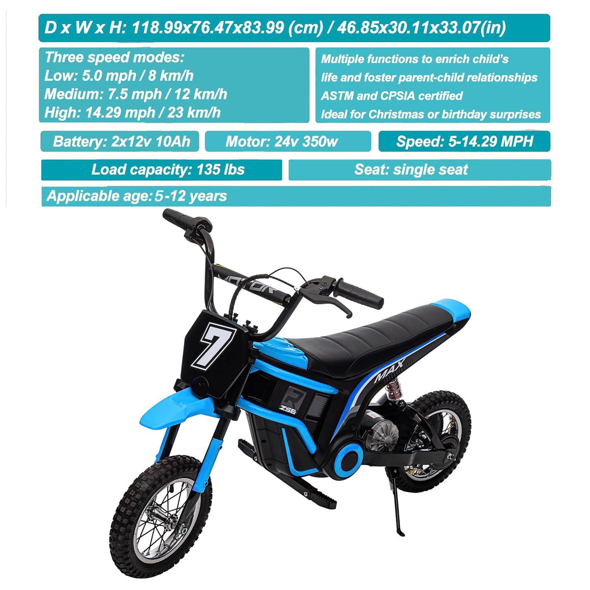 TROPOW 24 Volt Ride On Toys for Boys,Electric Dirt Bike for Kids - 350W Ride On Motorcycle, Ages 5+, Up to 14.29 MPH, 2-Speed Modes, Max Weight 135 Lbs, Blue