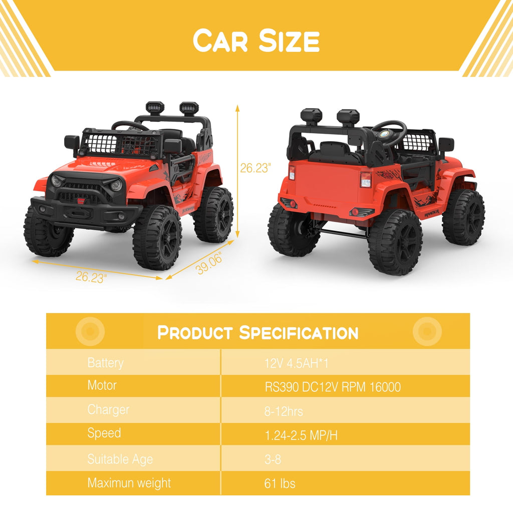 12V Kids Electric Ride-On Truck – Parental Remote Control, Seasonal Suspension, LED Lights, Wireless Connection, 2 Speeds, Standard Test Method Certified, Off-Road Toy Car