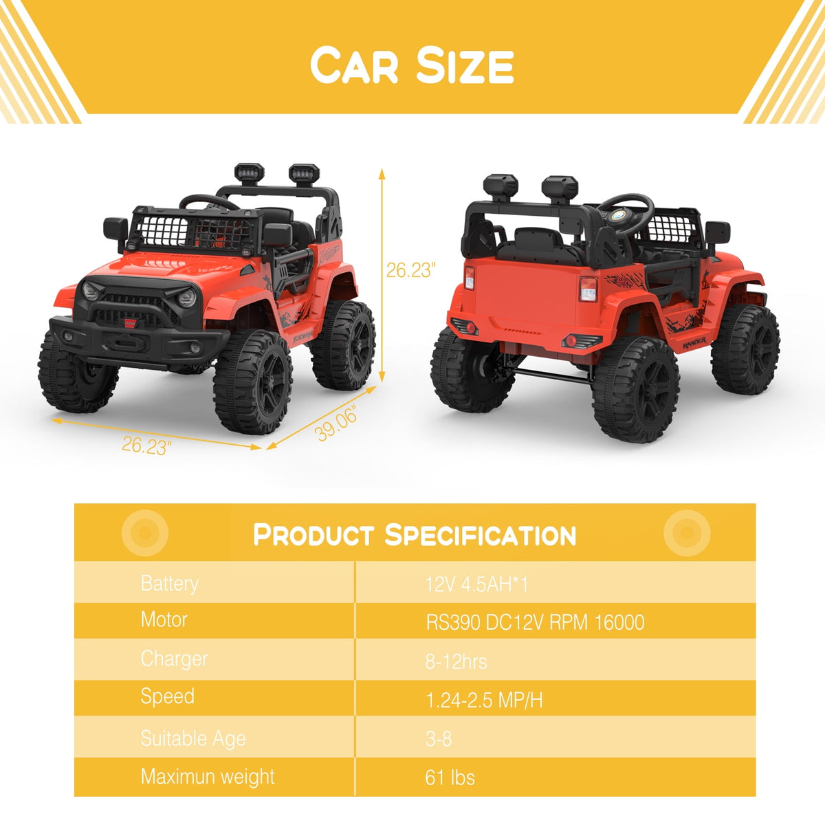 12V Kids Electric Ride-On Truck – Parental Remote Control, Seasonal Suspension, LED Lights, Wireless Connection, 2 Speeds, Standard Test Method Certified, Off-Road Toy Car