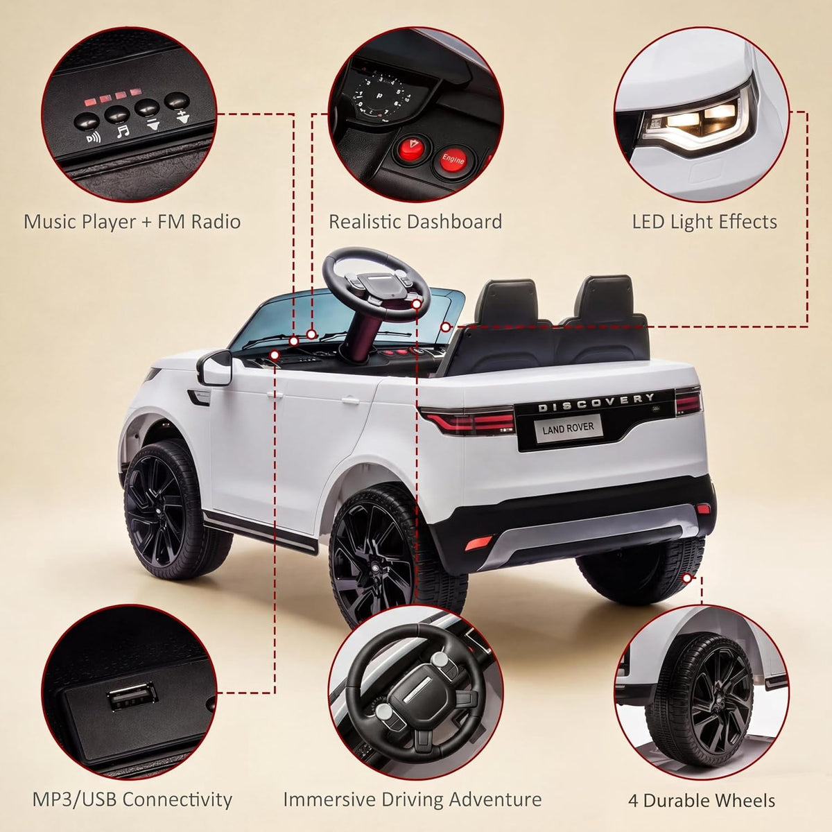 12V 4.5Ah 2-Seater Electric Ride-On Car with Parent Remote Control, Soft Start, 3 Speeds, LED Lights, Music and Safety Belt,White