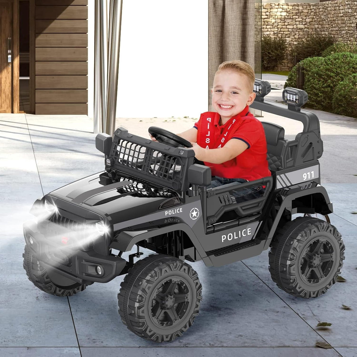 12V Electric Ride-On Car, Remote Control, 2 Speeds, Suspension, LED Lights, Music, Seatbelt, for Ages 3-8,Black