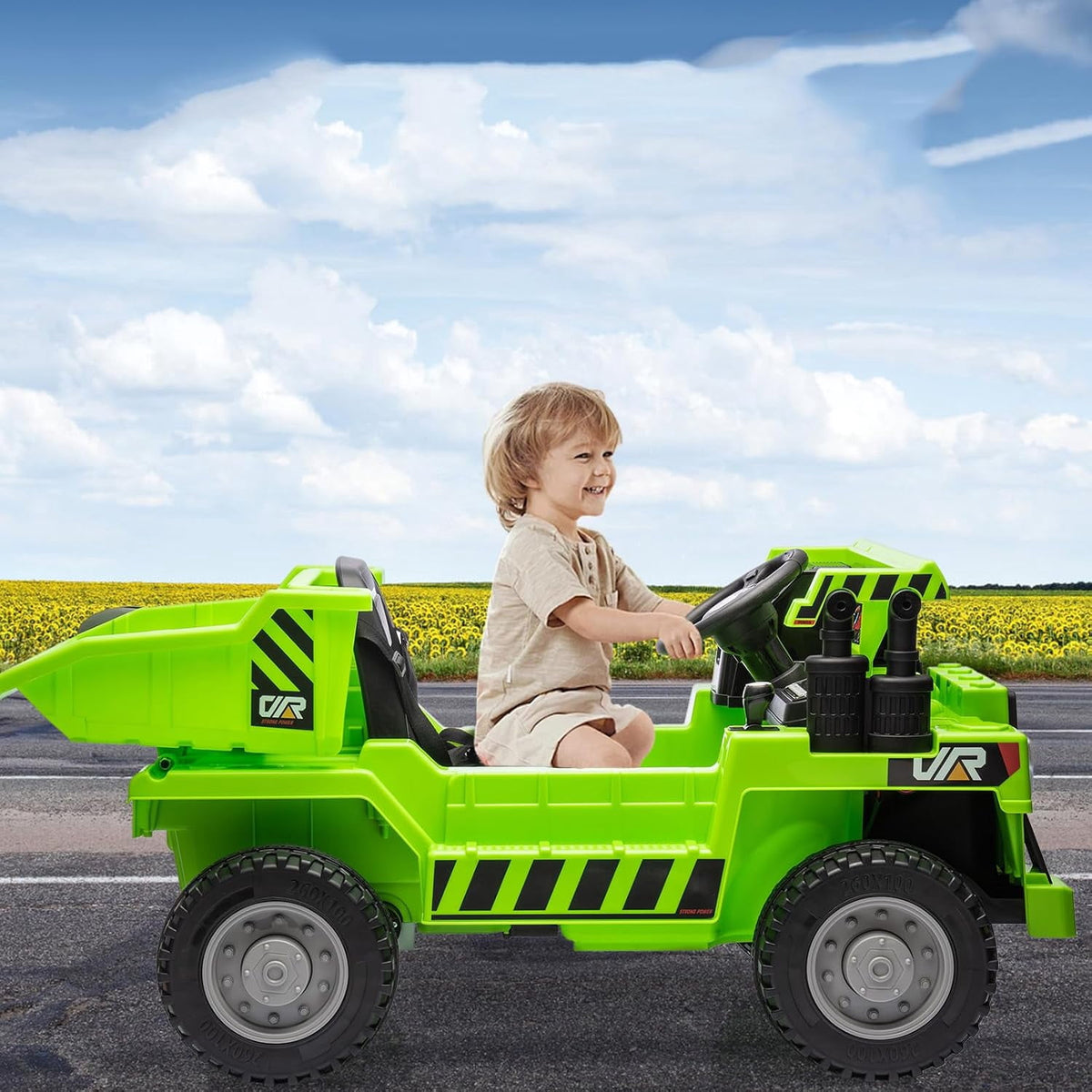 12V Electric Ride-On Dump Truck, Dual 35W Motors, 11 Inch Wear-Resistant Tires, Remote & Manual Dual Modes, Auto Lifting Dump Bed, Bluetooth Music & USB Port, 66 LBS Max Load,Green