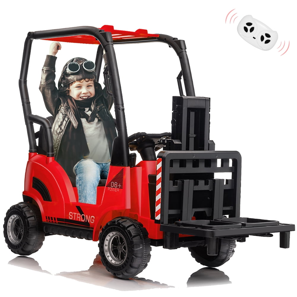12V Kids Ride On Forklift Car with Tent and Remote Control – Liftable Fork & Pallet – Music, USB, MP3, Low Power Alarm, High/Low Speed – Construction Electric Vehicle Toy – Red