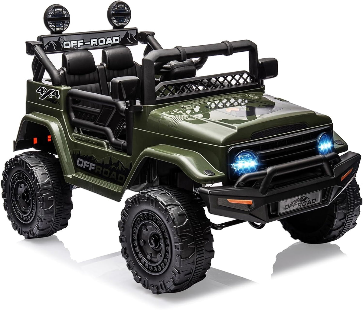 12V Remote Control Ride-On Car, 3 Speeds, Spring Suspension, LED Lights, Bluetooth Music, Parental Brake, for Ages 3-8, 65 lbs Capacity,Armygreen