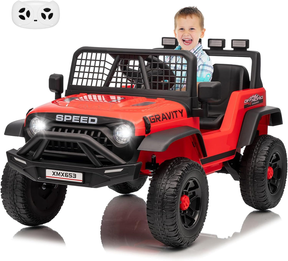 12V Ride-On Electric Car with Remote Control, Extra-Wide 13" Seat, 3 Speeds, 1.6-4.1 MPH, LED Lights, Music, USB, Safety Belt