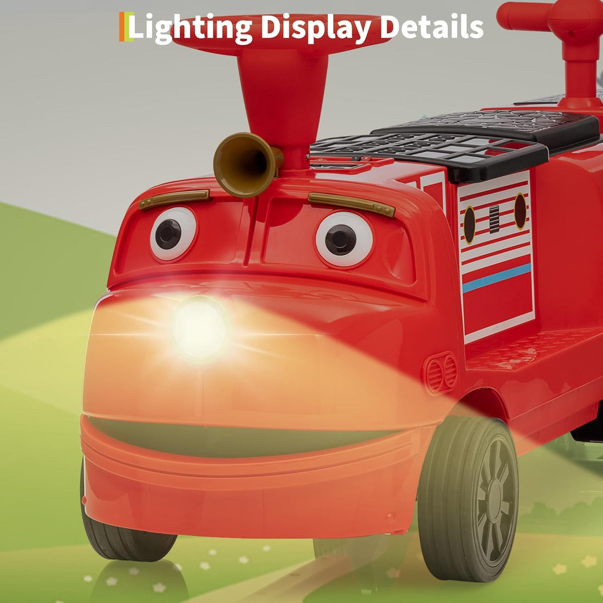 2 Seater Trackless Ride On Train, 12V Electric Ride On Car with Adjustable Seat, Carriage Included, Music, LED Lights, Storage Space, 2 Speed Modes