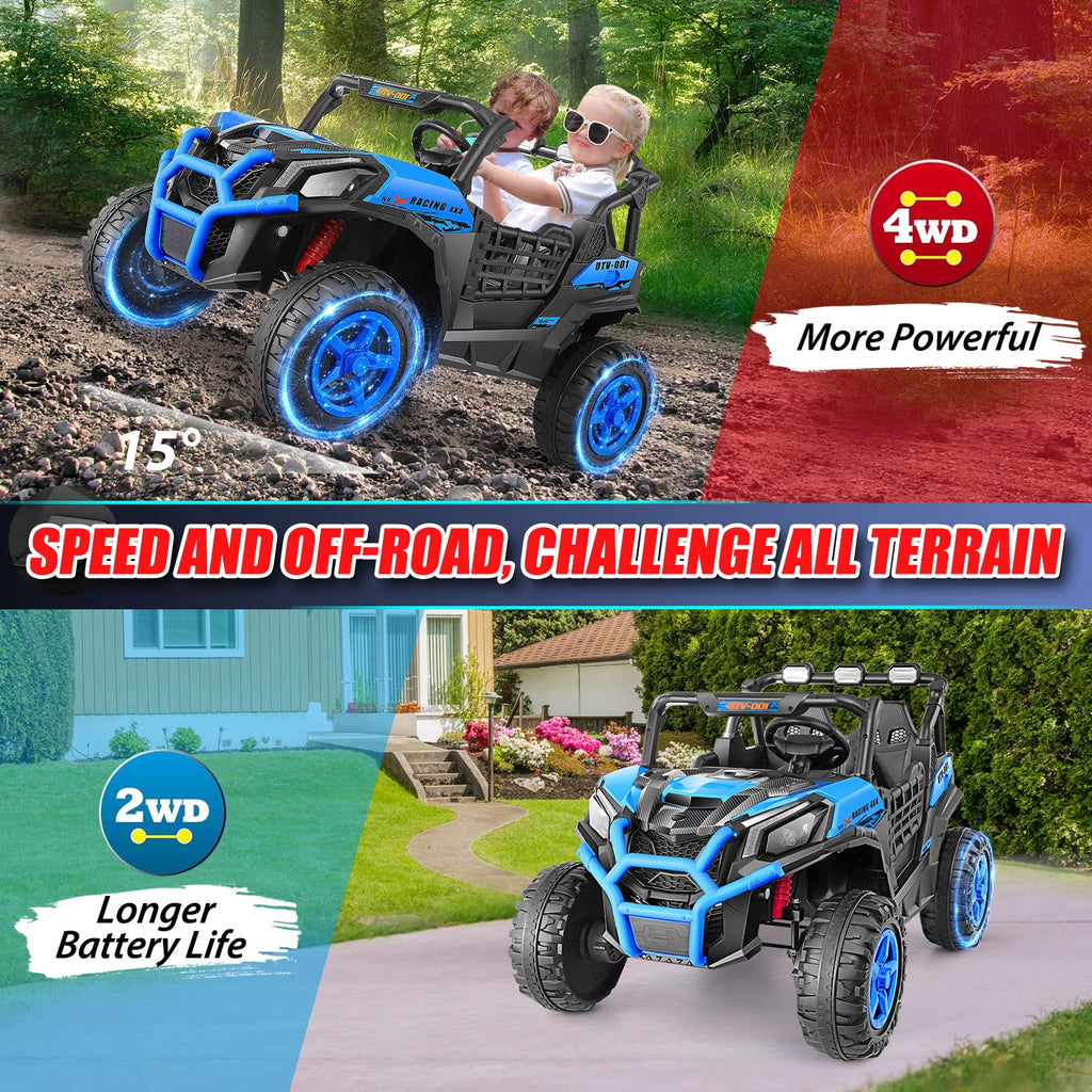 Funcid 24V Ride on Toys 4WD Ride on Cars with Remote Control, 2 XL Seater Electric Car for Kids, Power Car Wheels, UTV w/ 4*200W Motor, Bluetooth, Music, Lights, 3 Speeds, Black