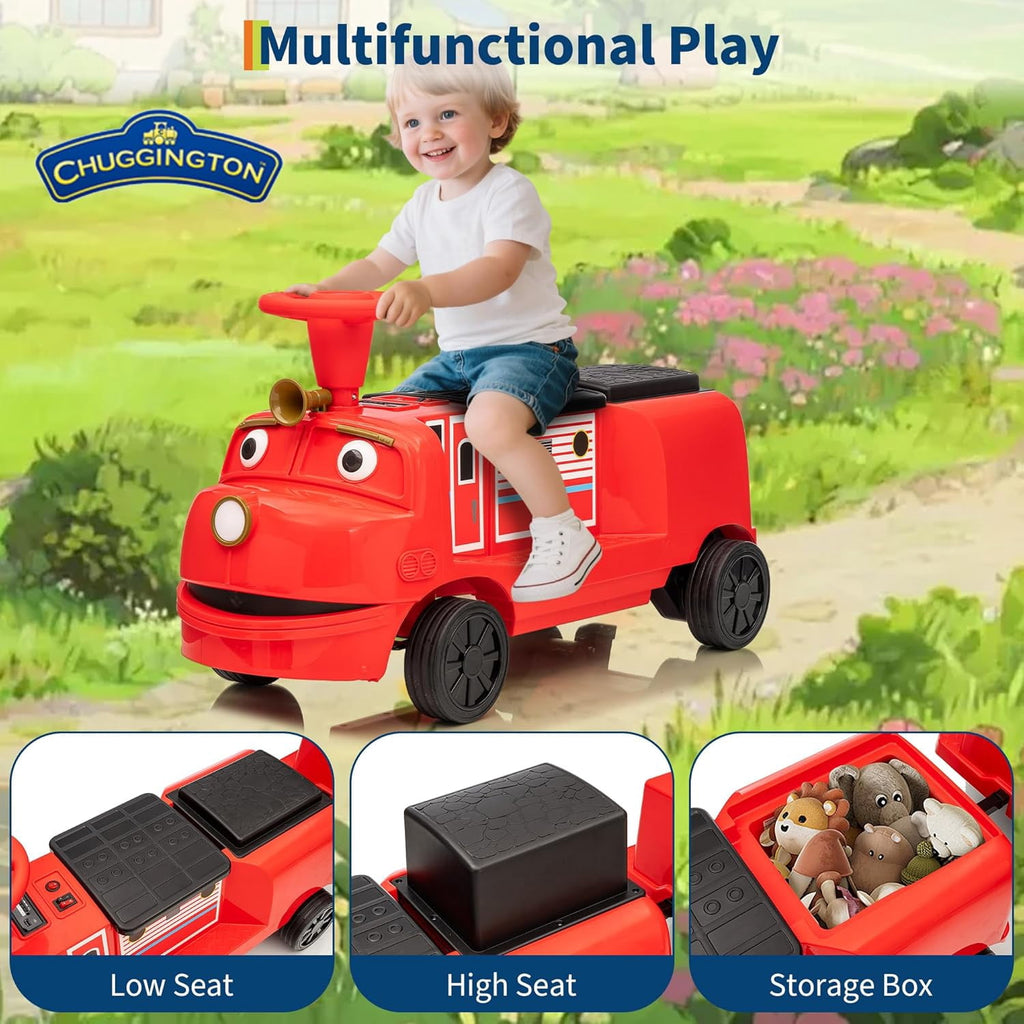 2 Seater Trackless Ride On Train, 12V Electric Ride On Car with Adjustable Seat, Carriage Included, Music, LED Lights, Storage Space, 2 Speed Modes