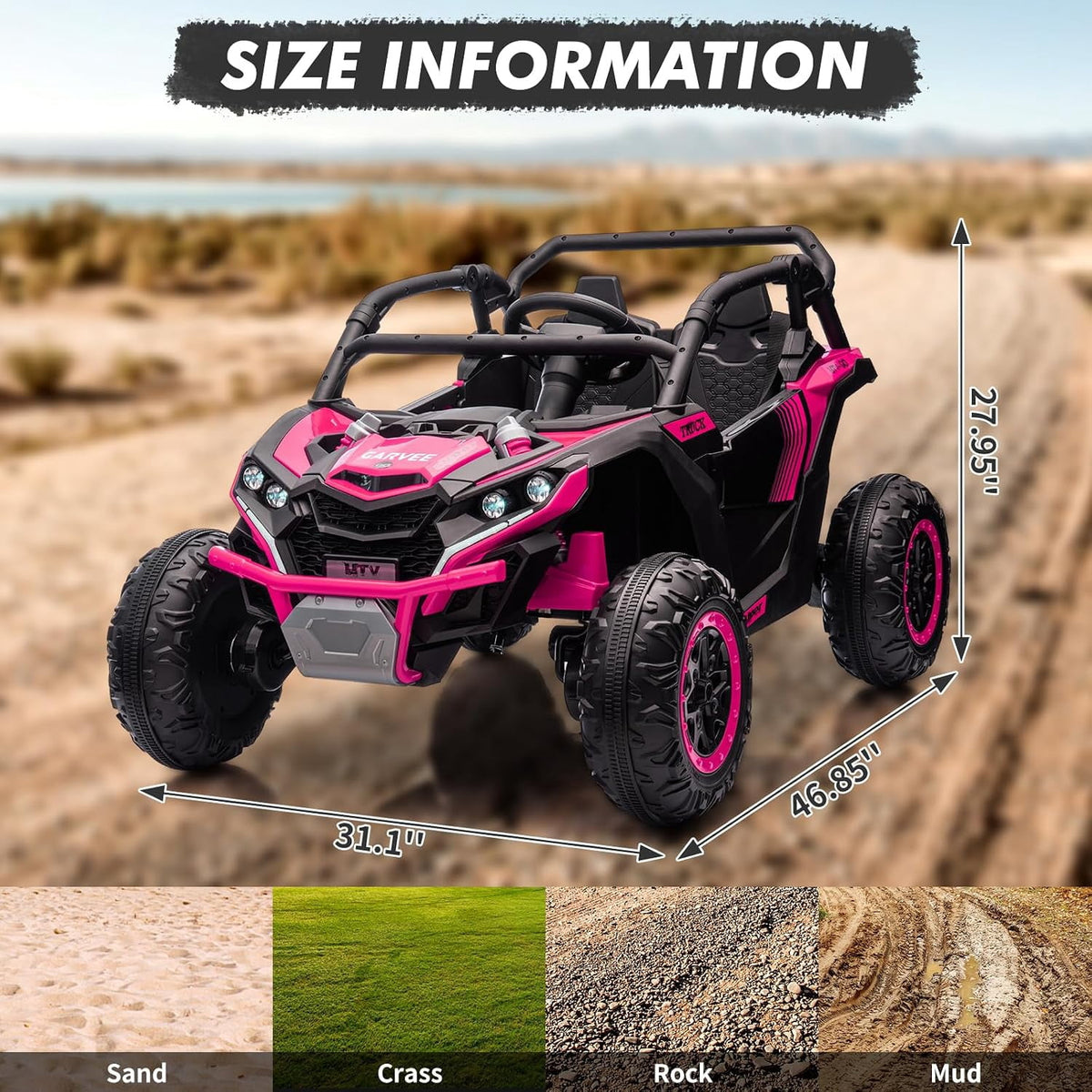 24V 2-Seater Ride On UTV for teens. Remote Control. 4x200W Motors. Bluetooth Music. LED Lights. 3 Speeds. . Safety Belt. All-Terrain Electric Vehicle,Rose Red
