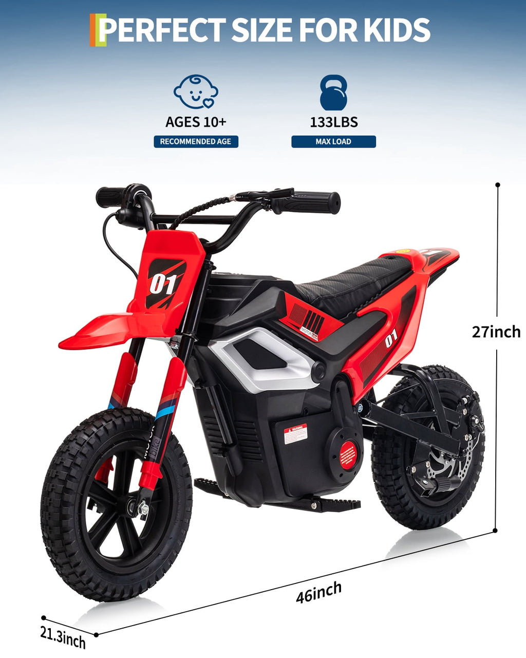 24V Kids Electric Dirt Bike, 350W Battery Powered Motorcycle with 12 Inch Fat Tires Rear Suspension Twist Throttle for Teens