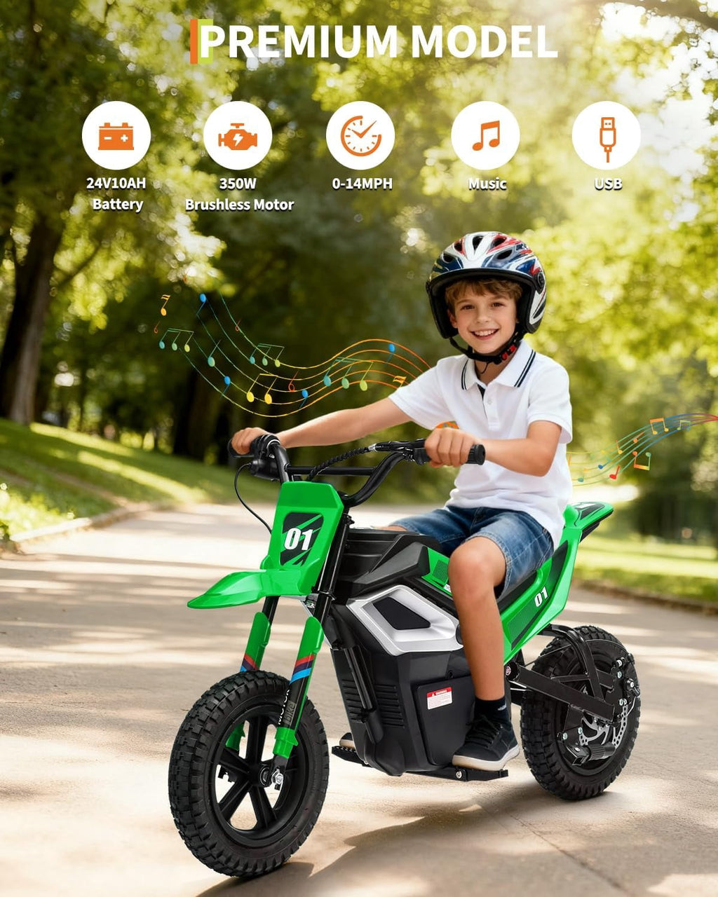 Fectiontool 24V Electric Ride-On Motorcycle, 350W Motor, 24V 7Ah Rechargeable Battery, Battery Powered Ride-On Bike, Energy-Efficient Charger Included,Green