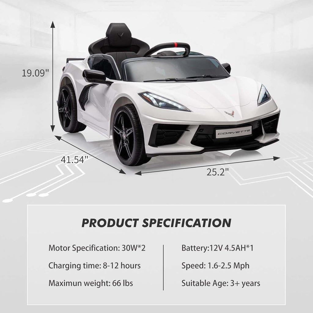 12V Licensed Corvette C8 Ride-On Electric Sports Car, Dual 30W Motors, Remote Control, LED Lights, Music, Openable Doors, 66 lbs
